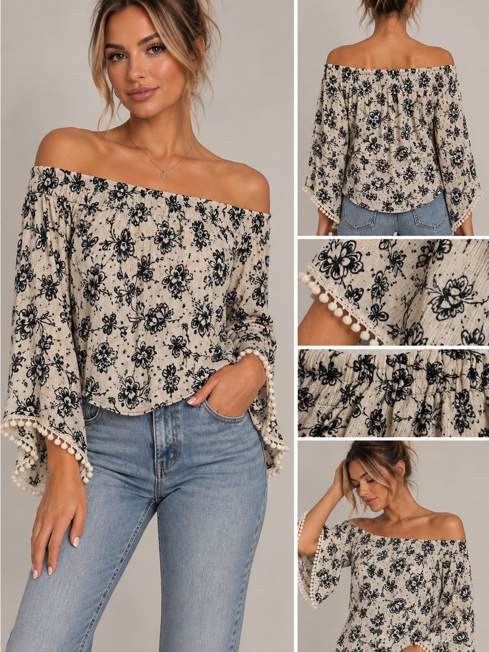 Abercrombie & Fitch Off-Shoulder Floral Tunic in Cream and Black